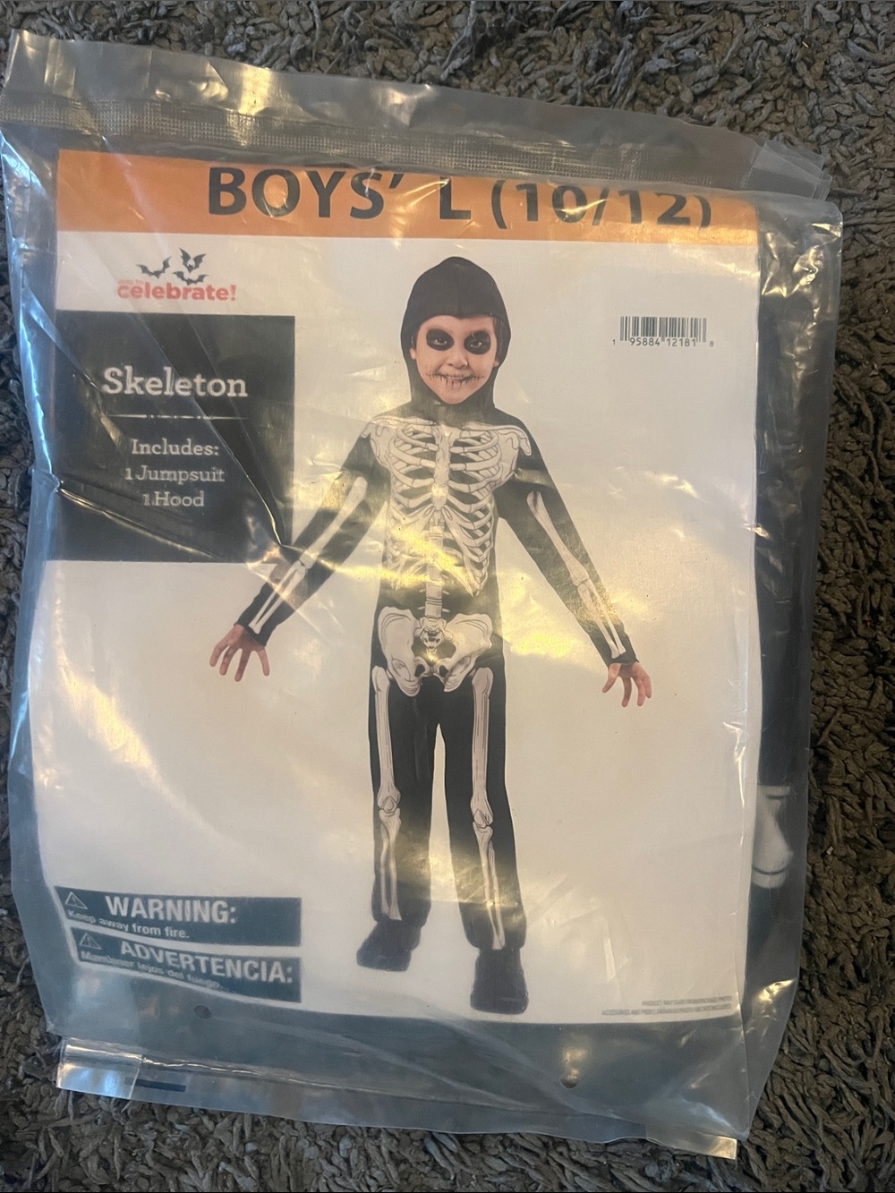Celebrate! Boys' Black Skeleton Jumpsuit Costume with Hood (L 10/12)